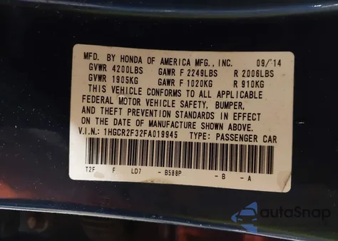 2015 Honda Accord Lx z USA, uszkodzony, nr VIN 1HGCR2F32FA019945